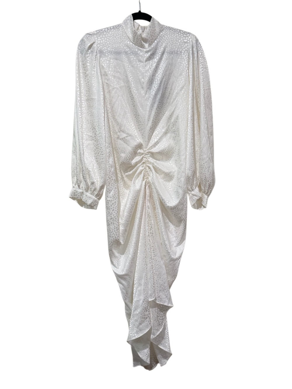 White Ruched High-Neck Long-Sleeve Dress